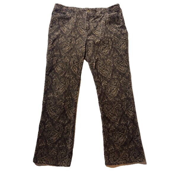 Boho Brown Corduroy Pants Women’s Paisley Print Chic Hippie Fall Look Size 16 - Picture 2 of 8